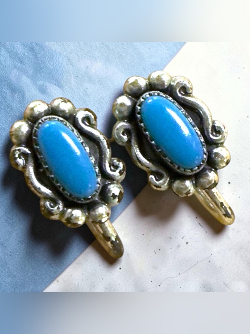 Vintage Native American Sterling Silver Turquoise Screw On Earrings 1960’s
